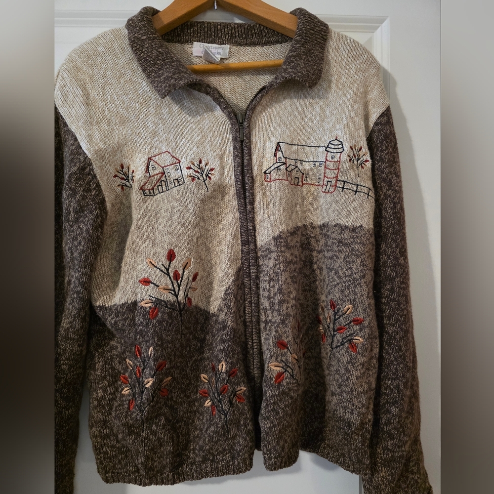 Vintage 90s Knit Zip Sweater Cottage Core Western Chic Wmns L Christopher Banks - Picture 1 of 7